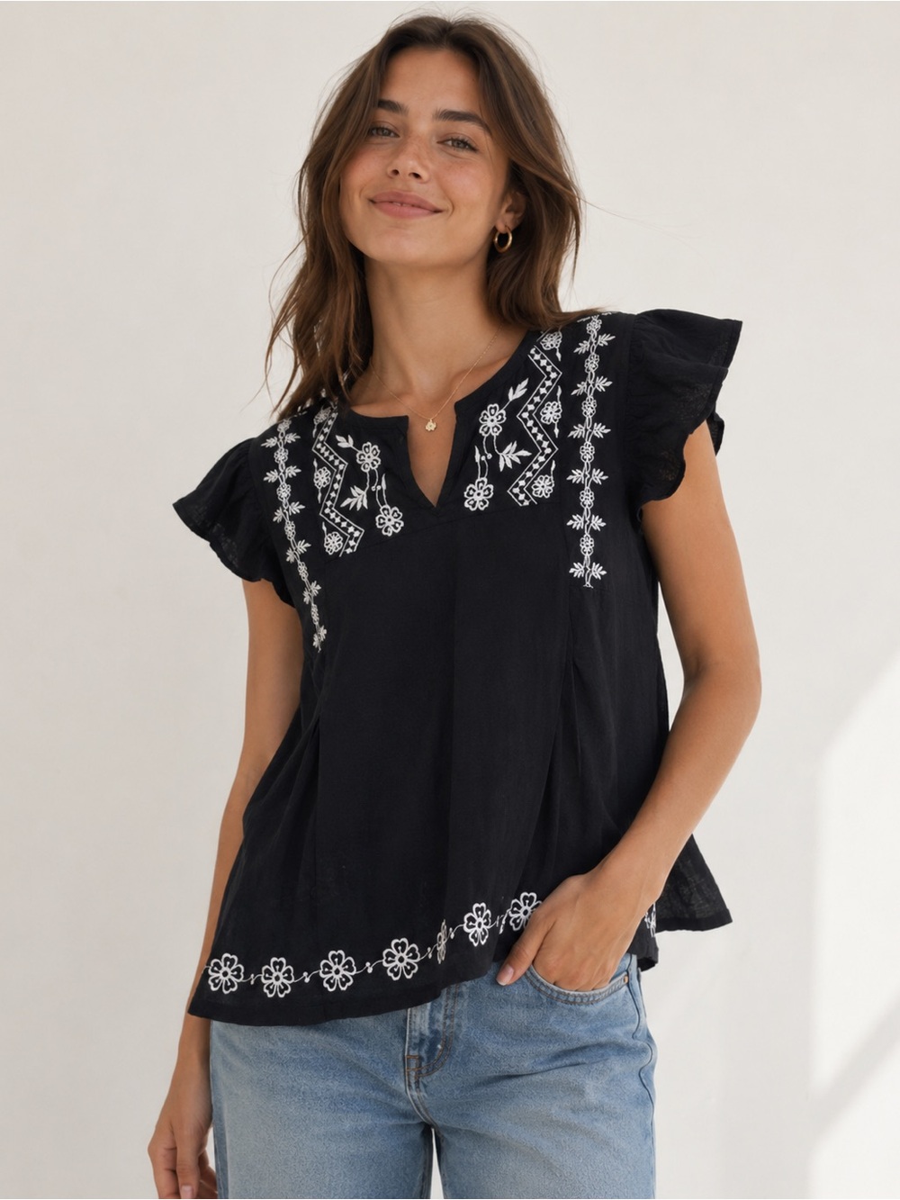Jennifer & Grace Black Cotton Embroidered Floral Details Blouse Womens Size 1X